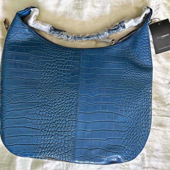 HOBO, JACK FRENCH LONDON LEATHER, NAVY CROC PRINT, TOP ZIPPERS, TOP HANDLES, - Picture 6 of 13